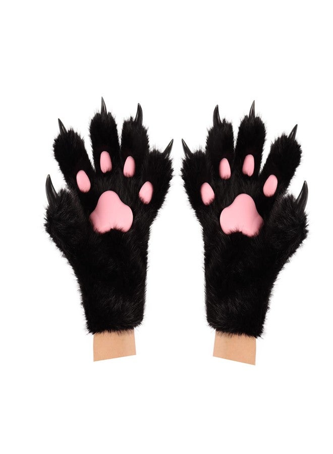 HAOAN Wolf Paw Gloves Faux Fur Cat Fingerless Mittens Winter Warm Cosplay Halloween Fancy Party Costume Accessories (black01) - Image 1